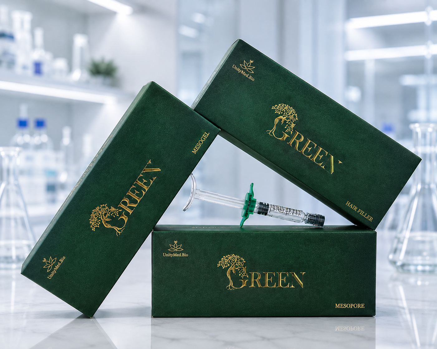 GREEN product series packaging for Mesogel, Hair Filler and Mesopore